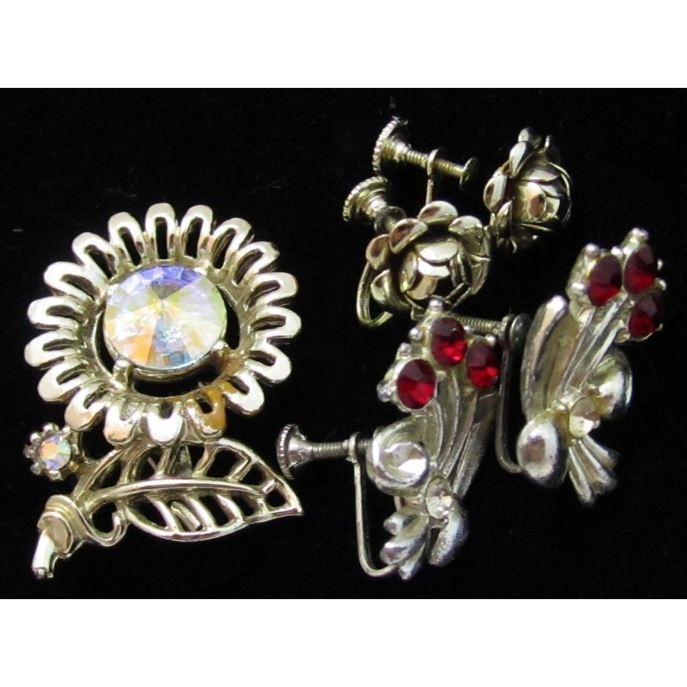 Vintage Jewelry Lot 3Pc Ab Rhinestone Flower Pin, Rose & Floral Sb Earrings - Picture 4 of 4